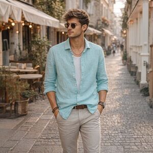 Scotch & Soda Tous les Jours Teal Linen Button Down Shirt Casual Coastal Size XL